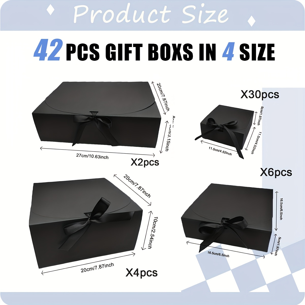 TEMU 42 Sets Of Gift Boxes In Large, Medium, And Small Sizes, Complete With Lids, In 4 Sizes, Black Color, With Ribbons, Ideal For Bridesmaid