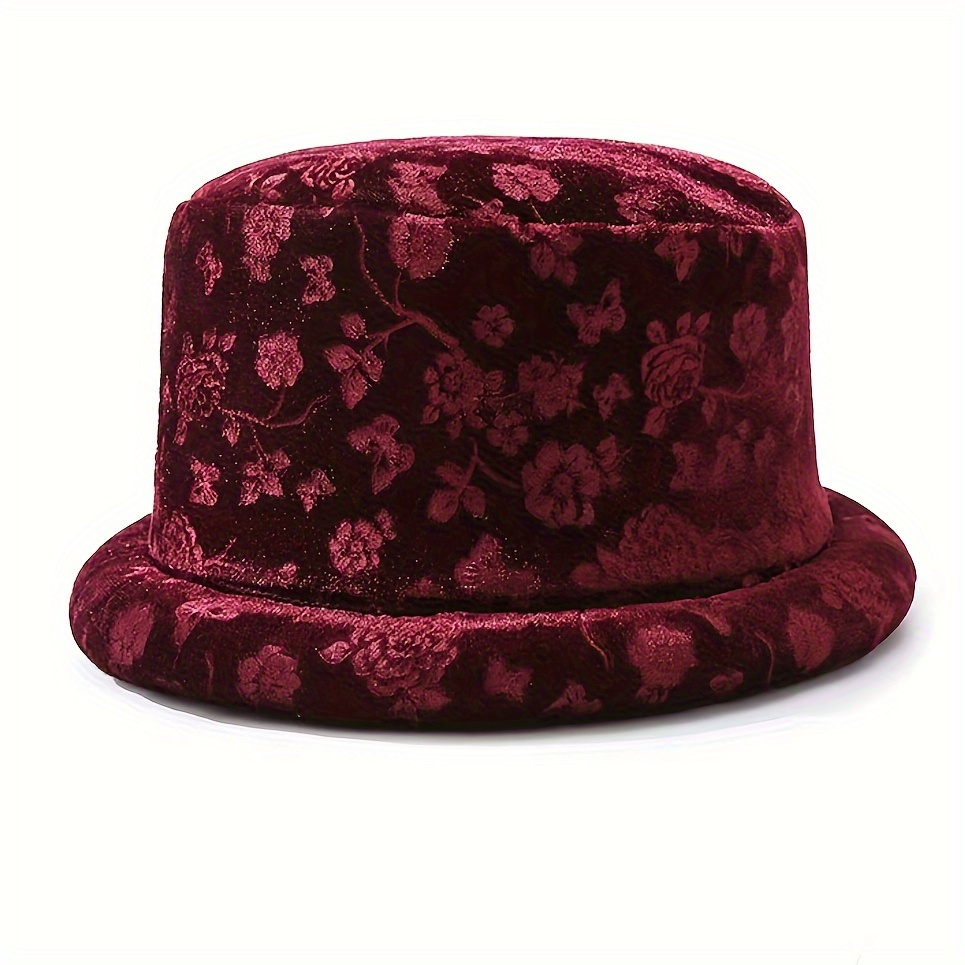 

Velvet Floral Bucket Hat For Women - Thickened Cap With Intricate Plant Design, Ideal Day Gift, Hand-washable