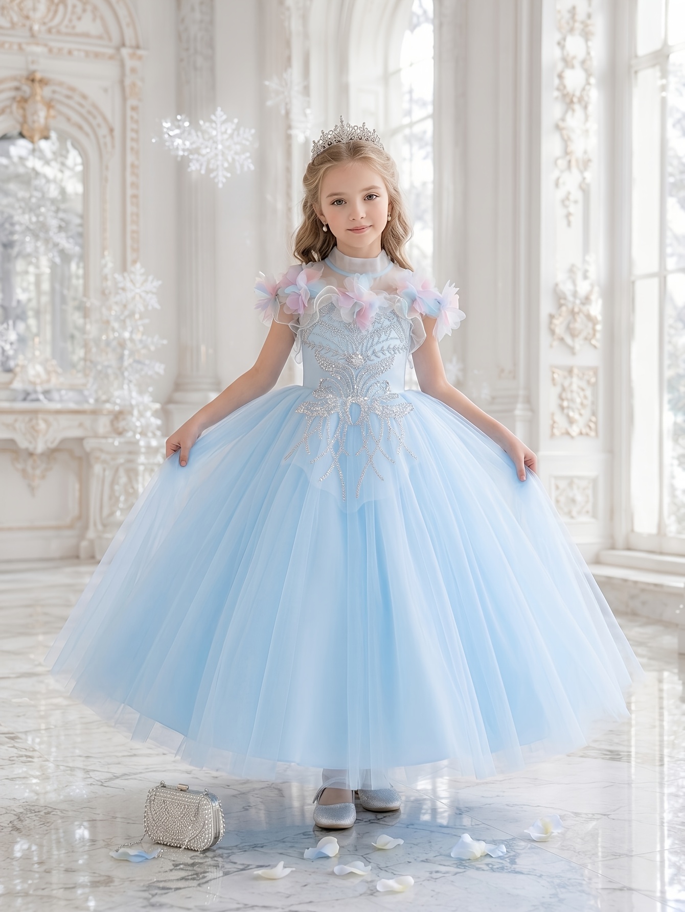 Light Blue Dress with High Neckline And *ow Gauze Sleeve Design, Silvery Sequin Embroidery Mesh Dress for Girls, Princess Dress, Birthday Party, Performance Party