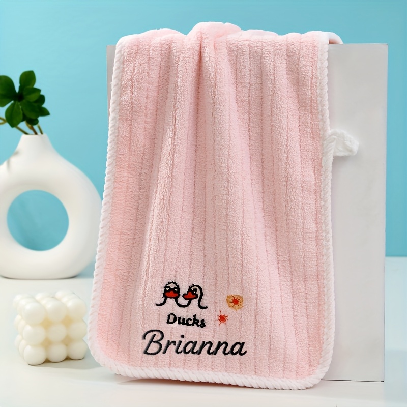 TEMU 1pc Customizable Personalized Cartoon Animal Duck Embroidery Coral Velvet Small Towel, Super Soft And Comfortable Absorbent Towel, Hung As