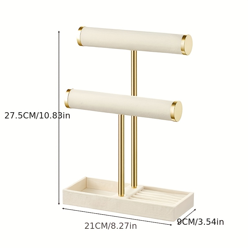 TEMU Présentoir à bijoux double couche avec plateau à bijoux en velours beige, support et présentoir pour bracelets, et bagues, structure robuste en