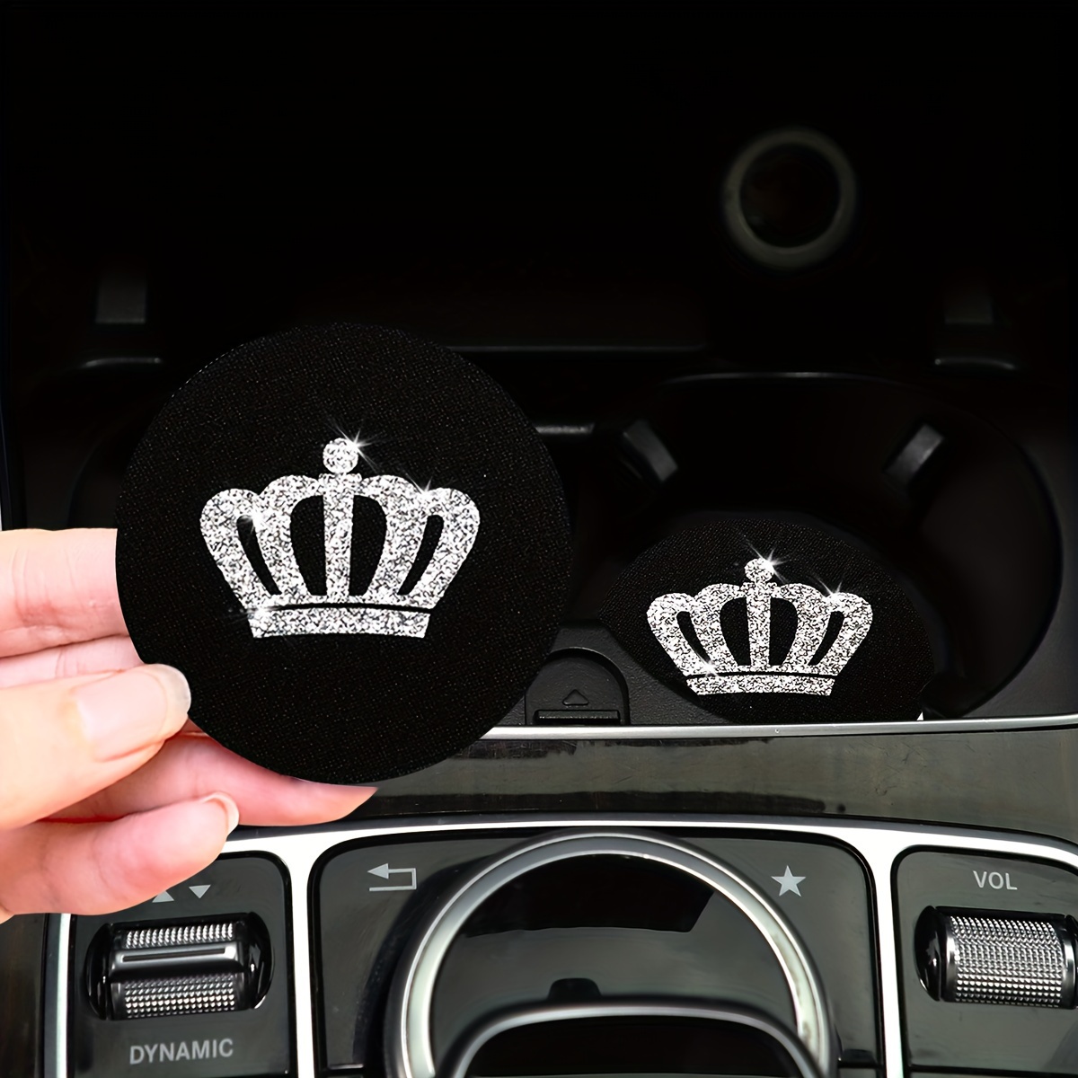 2pcs Bling Diamond Crown Car Coasters, Non-slip Polyester Cup Mats For Vehicle Interior Accessories