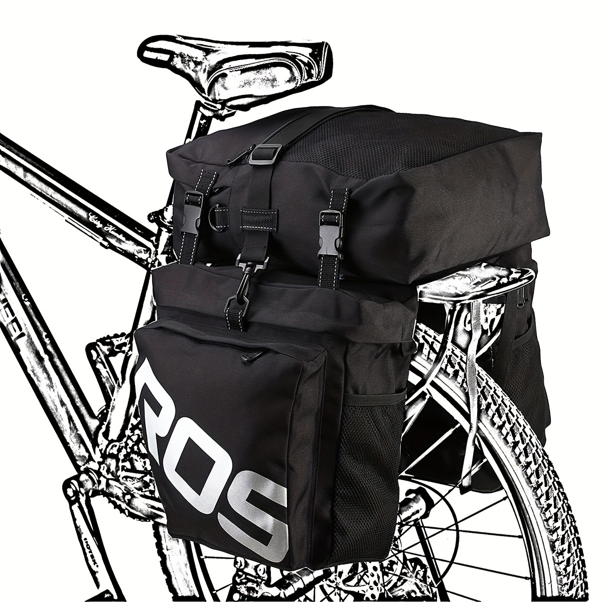 

1pc Ros 3-in-1 Bicycle Pannier Bags, Waterproof Rear Rack Cargo Carrier For Mountain Bikes, Durable Cycling Accessories, Reflective Black Outdoor Bags