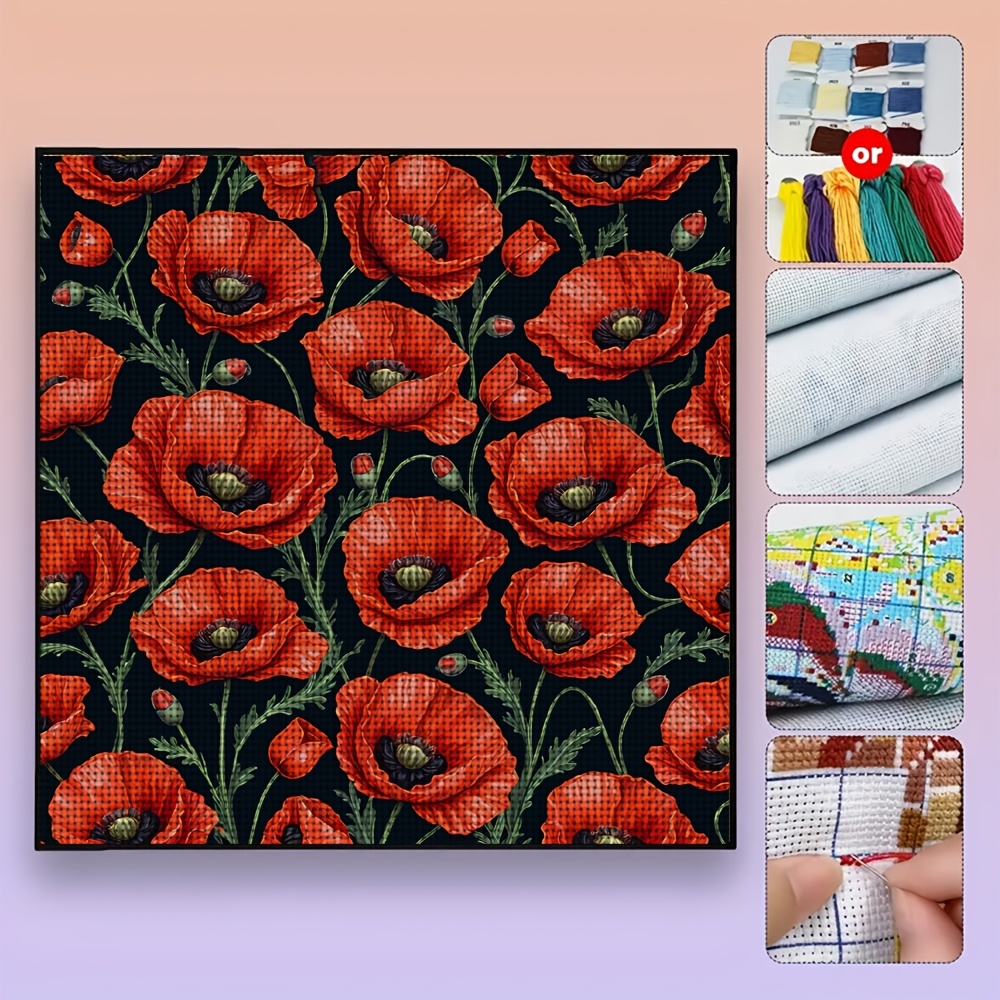 Black Background Red Flower Pattern Cross-Stitch Kit, Frameless