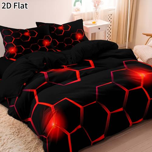 item picture 3pcs 2d flat blue green geometric hexagon honeycomb grid pattern print quilt duvet cover set soft cozy bedding set for room decoration four sizes single king 1 duvet cover 2 pillowcases