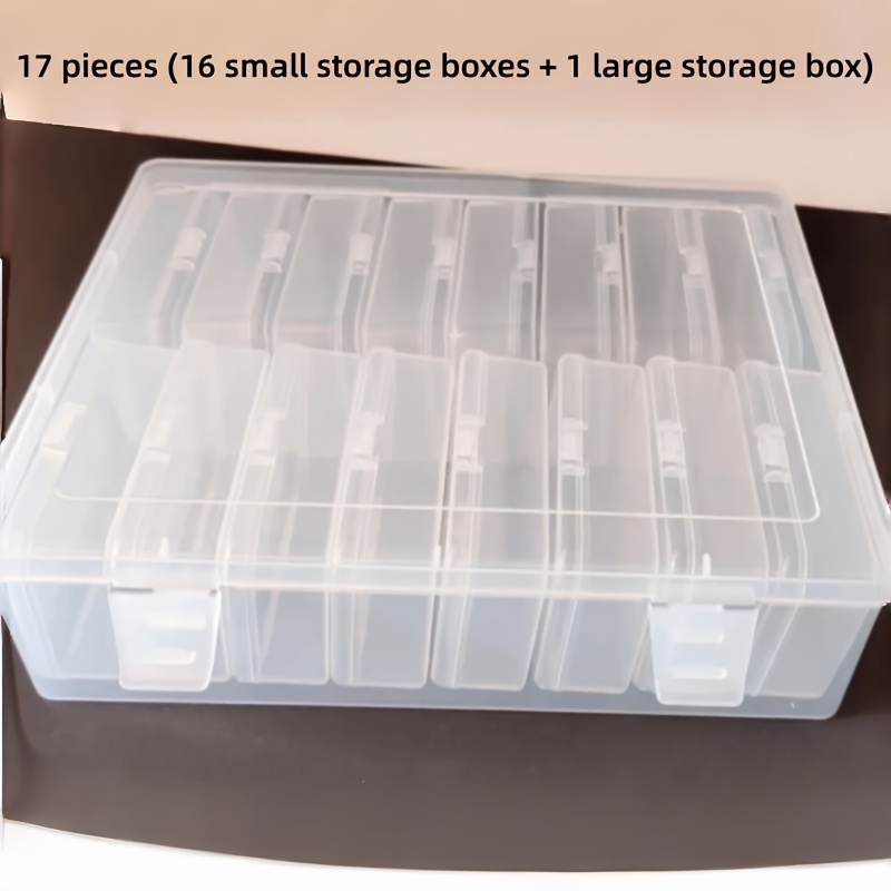 TEMU Juego de 17 piezas: 16 cajas de almacenamiento pequeñas + 1 de almacenamiento grande con divisores ajustables, juego organizador de plástico