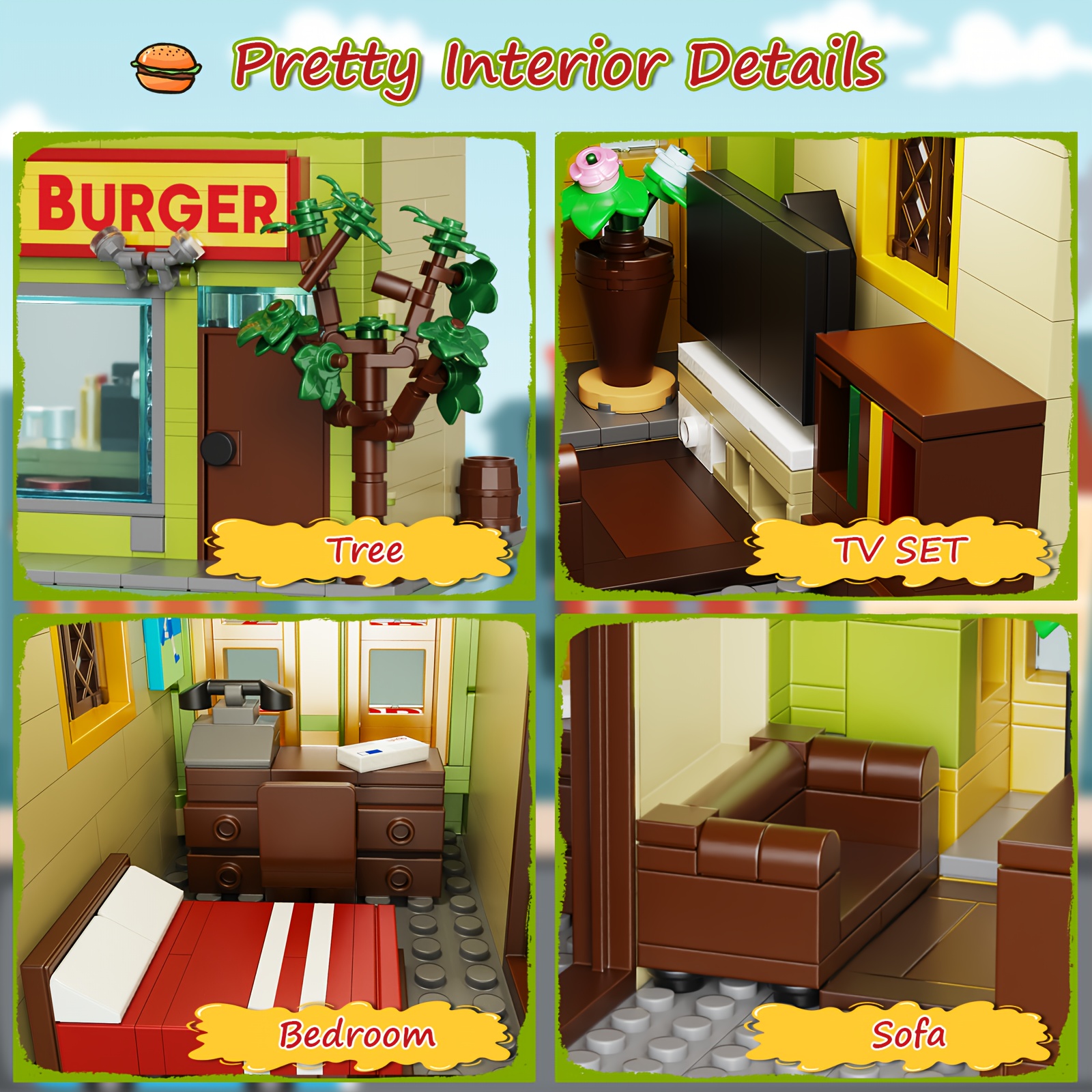 1018pcs Popular Movie Animation Architecture Burger House Model Building Blocks Playsets Puzzle Puzzle Building DIY Kits Decoration Collectibles Handmade Holiday Surprise Toys Fan Favourite Gifts