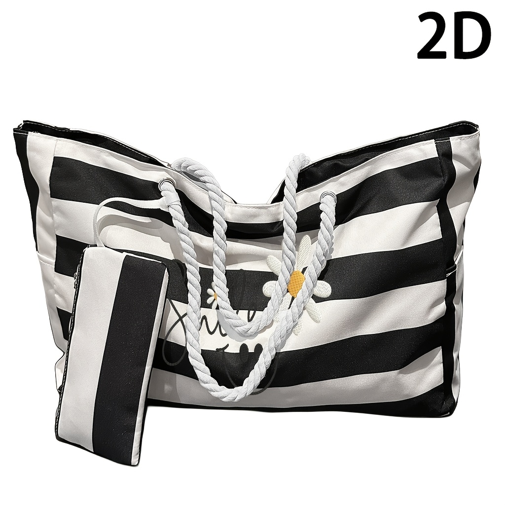 TEMU [2d] 1pc Functional Striped Large Tote Bag, Commuter Shoulder Bag, Large Capacity Handbag, Beach Bag, With Detachable Coin Purse, Zipper Closure