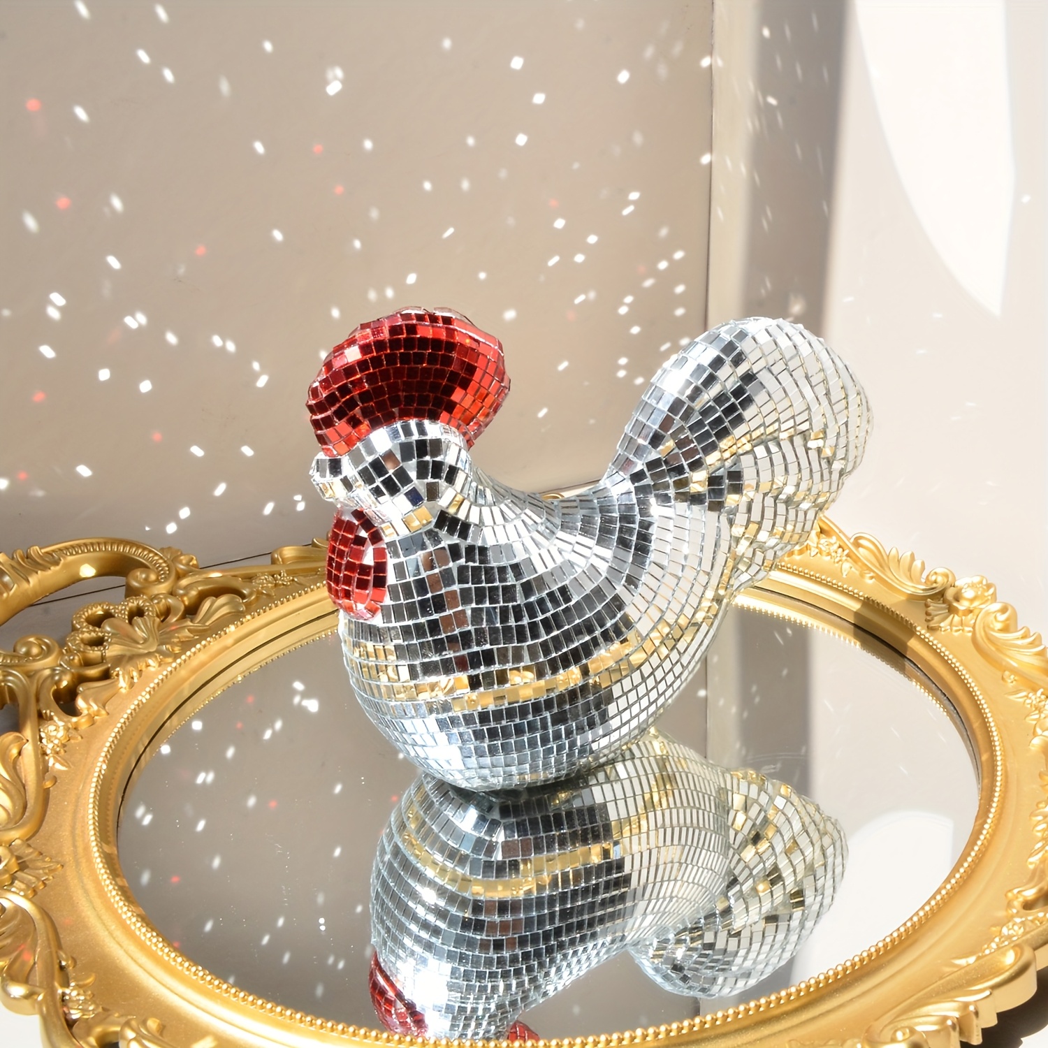 Sparkly Disco Ball Rooster Statue Handmade Mosaic Glass Art Decor Perfect Gift For Home Kitchen