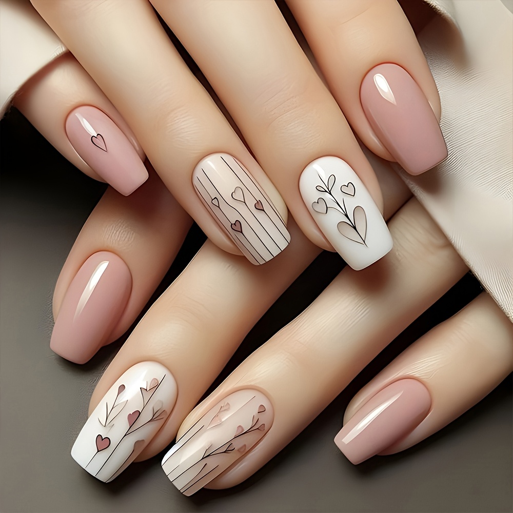 

Valentine's Day 24pcs Set: Pink & Press-on Nails - Medium Square, Reusable Fake Nails With Design For Women, On Nails
