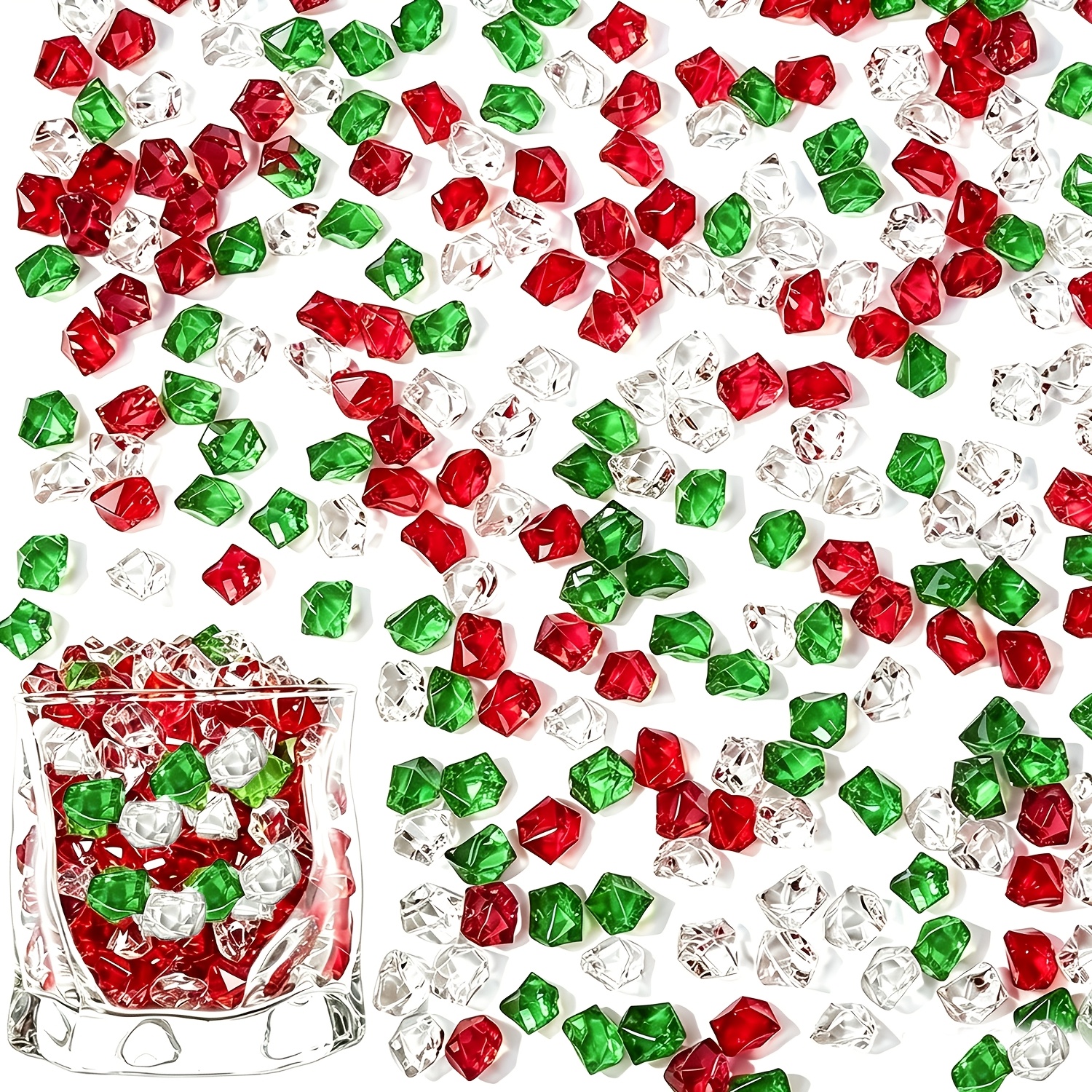 TEMU 141 Christmas Artificial Crushed Ice Rocks, Acrylic Red Green Transparent Ice Cube Gems For Vase Filler, Table Scatter, Home Decor, Weddings,