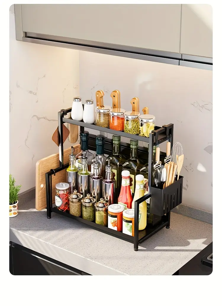 2 tier carbon steel spice rack organizer with utensil holder cutting board storage white metal kitchen countertop organizer for spices knives and cutting tools spices organizers and storage Product details 15