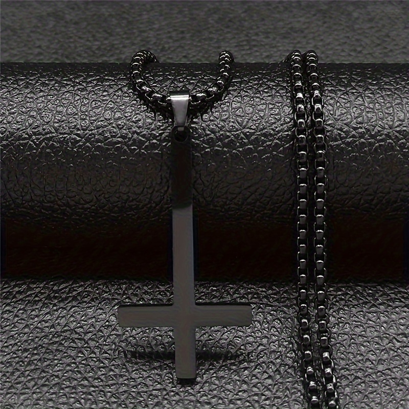Image of Stainless Steel Inverted Cross Witchcraft Necklace, Inverted Cross Black Chain Necklace Jewelry, Easter Gift