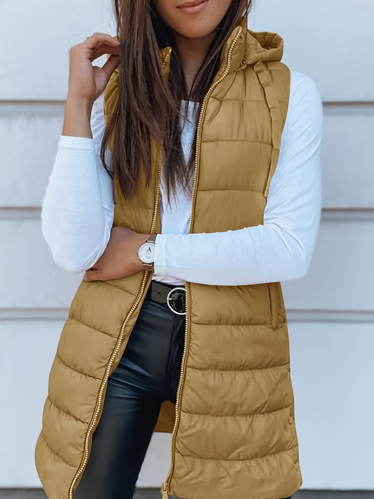 womens long hooded puffer vest sleeveless coat Temu