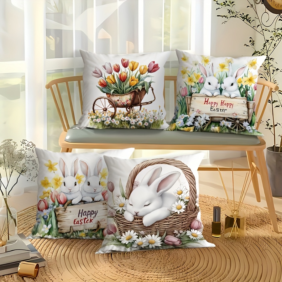 

4pcs Easter Cute Bunny Floral Daisy Trolley Pillow Case, Party Holiday Gifts, Country Style, , Machine Washable With Zipper Close, Suitable For Porch Sofa Living Room Outdoor