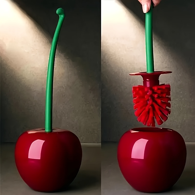 

Cherry-shaped Toilet Brush Set With Green Handle And Red - Plastic, Freestanding Holder Included - Stylish Bathroom Cleaning Essential, Toilet Accessories