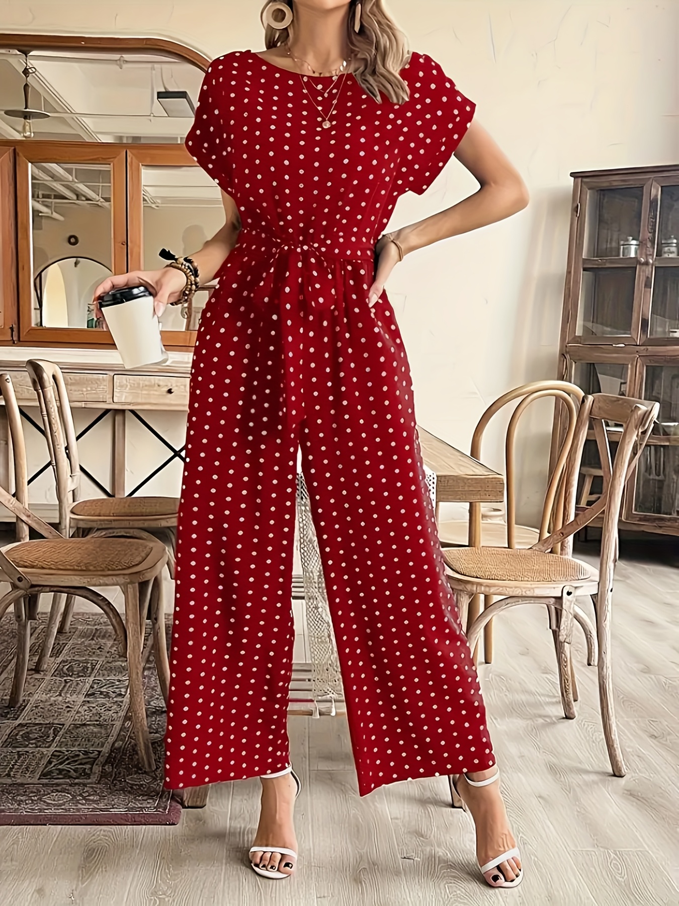 womens red white polka dot jumpsuit elegant loose fit round Temu