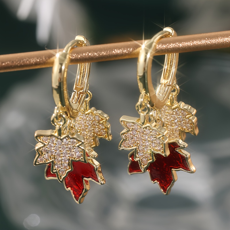 TEMU Yoyo Women's Elegant Vintage Leaf Stud Earrings - Golden-tone Kc Plated Alloy Jewelry With Sparkling Cubic Synthetic Zirconia, Canadian Fall