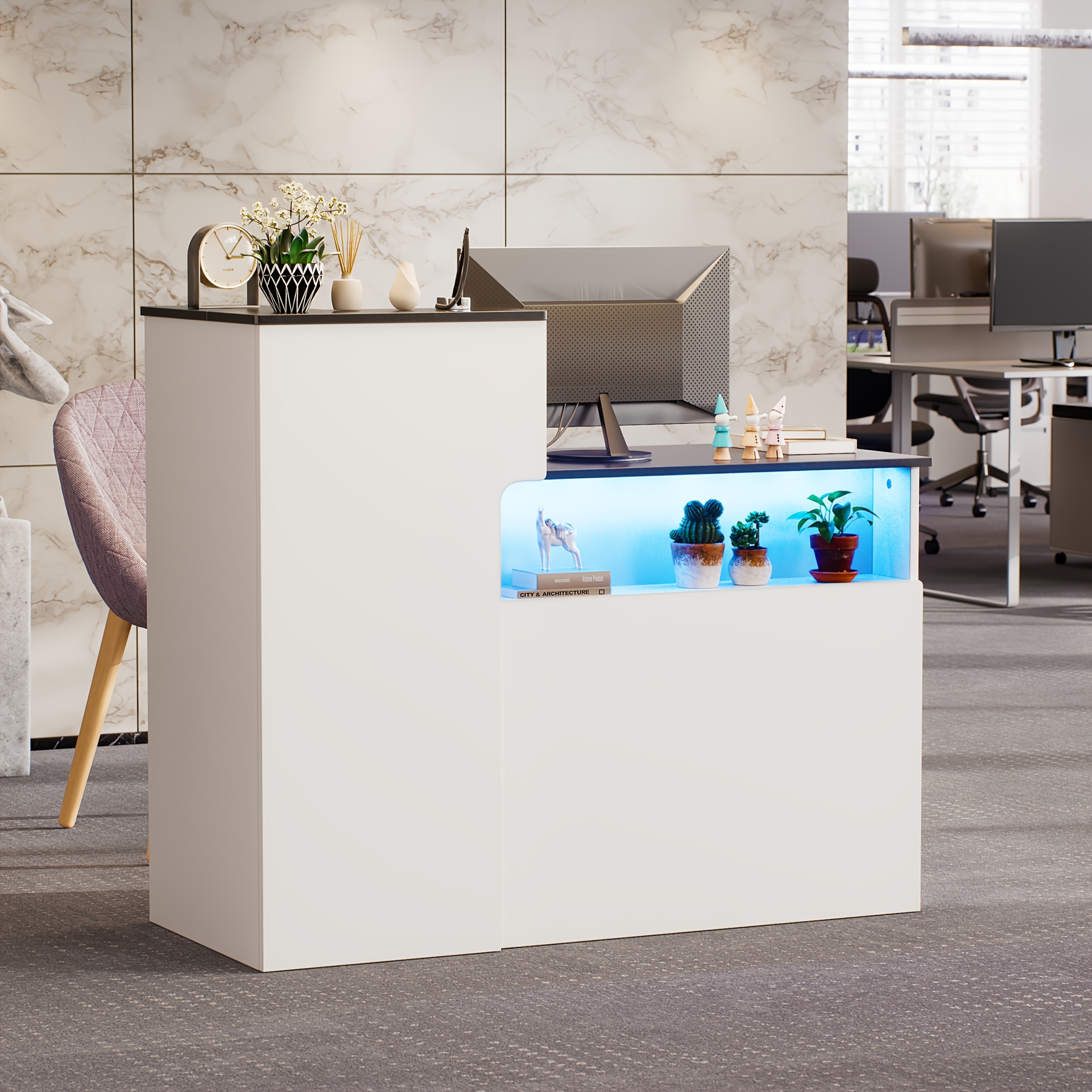 Image of Modern Reception Desk | Wooden Counter With Drawers And Cabinets, Large Storage Space, Salon Reception Desk, Office Desk, White, Msfe Brand