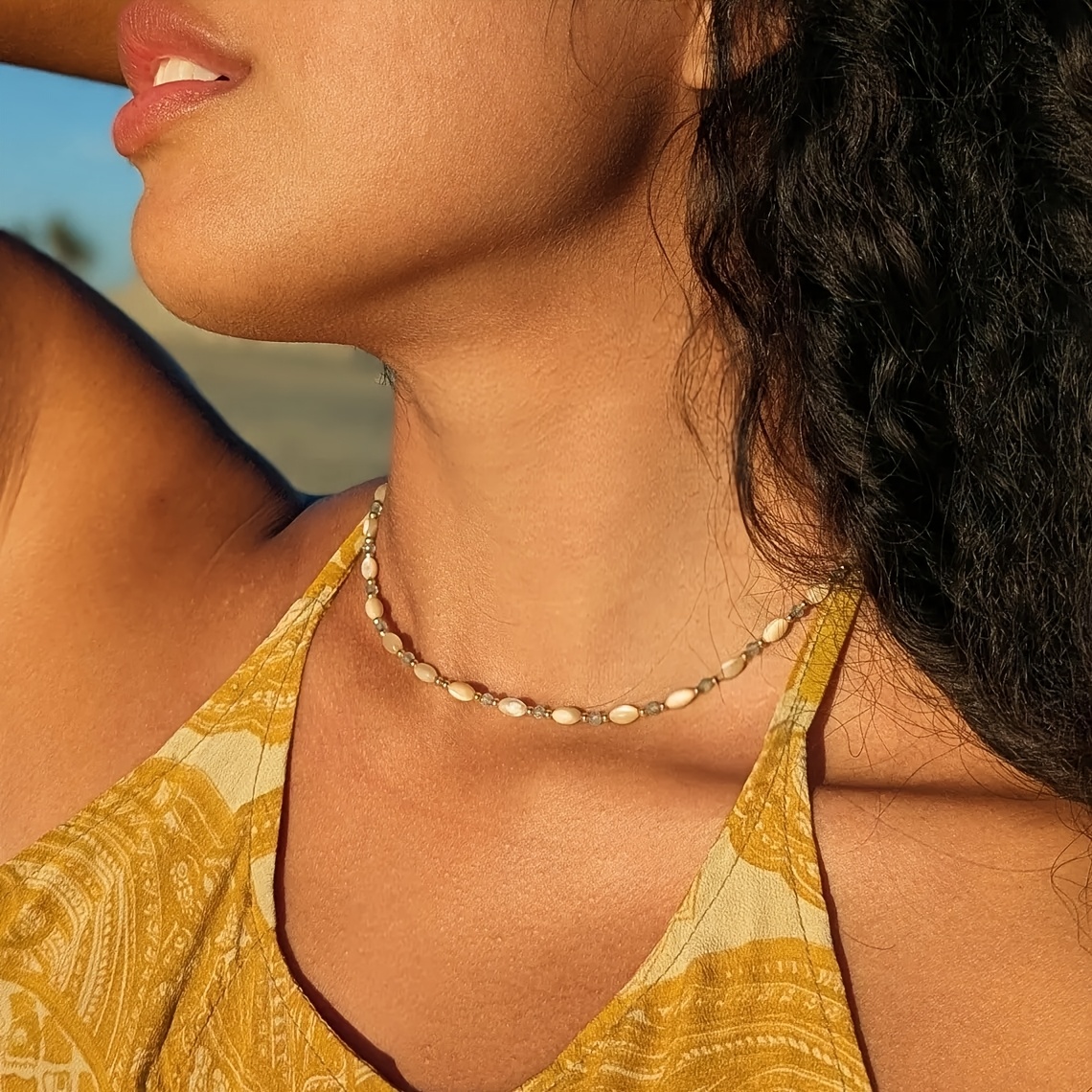 Women's Handmade Aquamarine Rice-Shaped Beaded Necklace