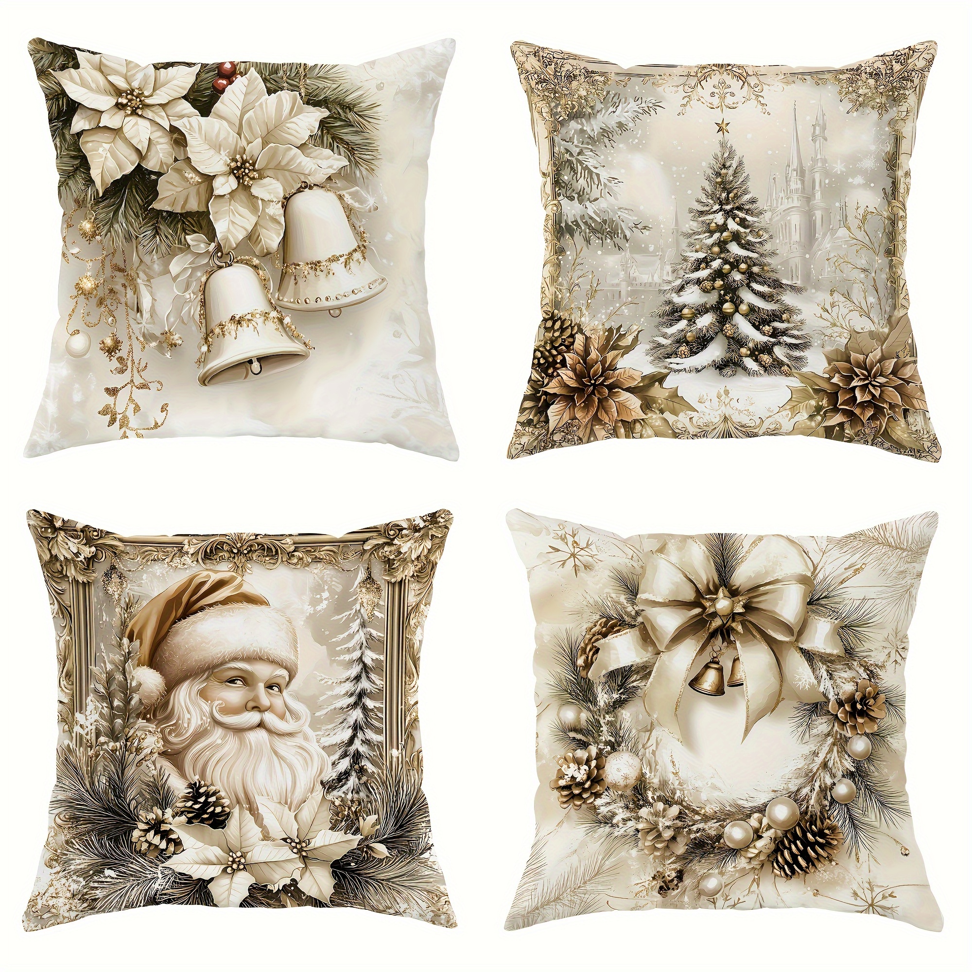 

4- Christmas Cushion , 18x18 , Contemporary , Santa & , Washable, Zippered, , For , Car, Bedroom, , Multiple Use, No Inserts