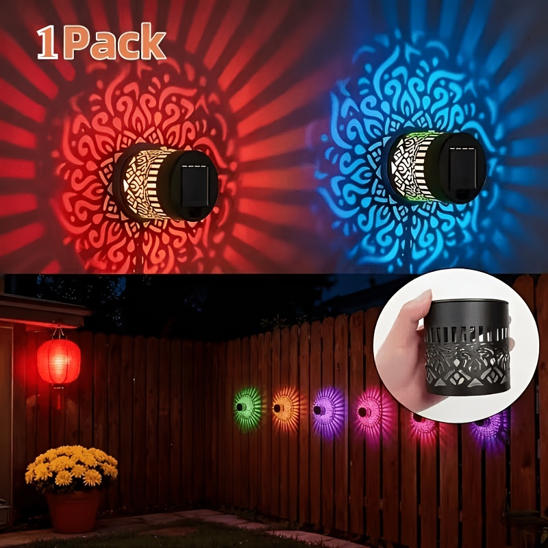 Image of 8 Colors Mandala Solar Projection Wall Lights, Ip65 Solar Powered Outdoor Step Fence Lights, Hollow Pattern Landscape Lamp For Yard Patio Garden, Christmas Halloween Holiday Decorations