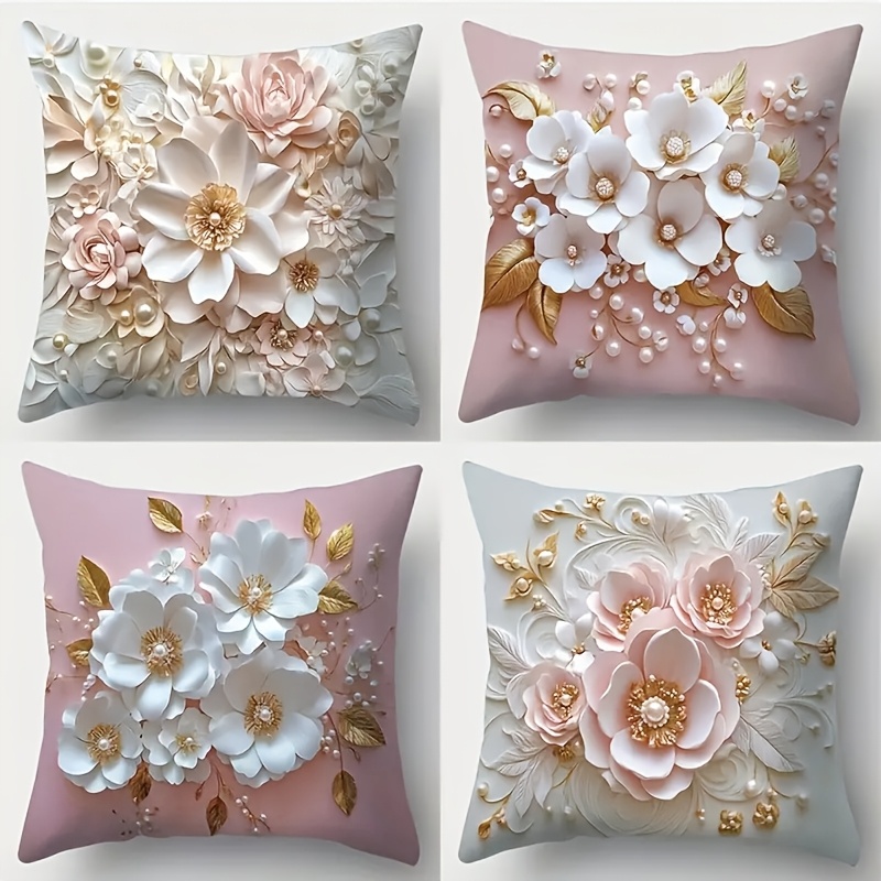 

4-pack Rustic Floral Throw Pillow Covers, 18x18 Inch, Hypoallergenic Polyester, Machine Washable, Zipper Closure, 3d Printed For Home Decor - Inserts Not Included