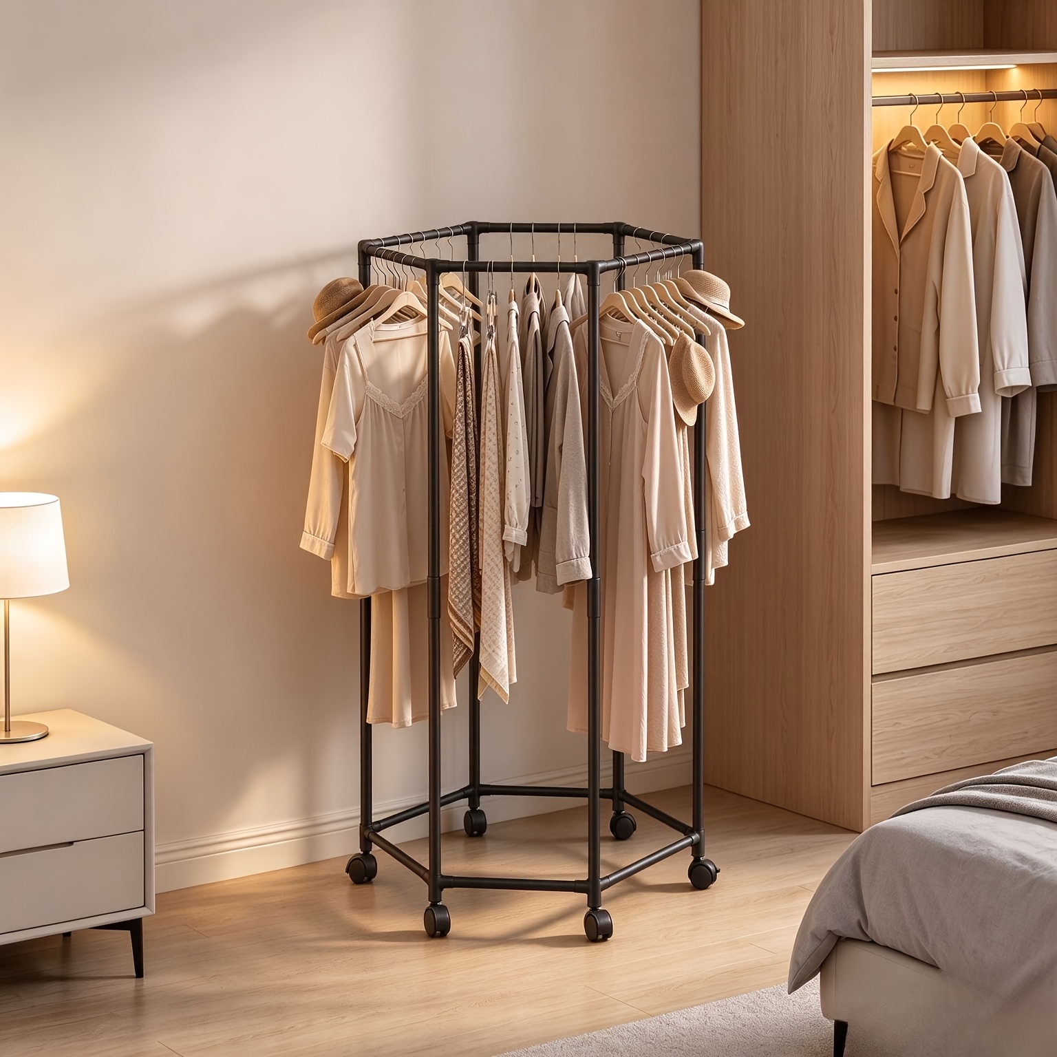 TEMU Portant à vêtements de sol polygonal, support en métal épaissi, étagère de rangement à double niveau, présentoir à vêtements , et , étendoirs à
