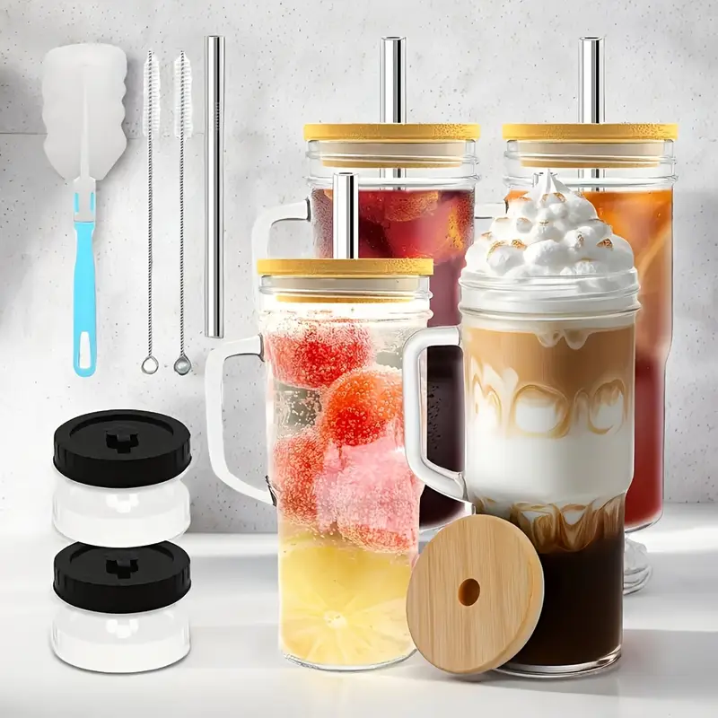 2/4pcs handle car cup, 24oz high borosilicate glass cup without bpa, with bamboo lid and straw, bpa free, thick coffee cup, suitable for juice, milk, cream, milk tea, free sealing lid, straw brush and cup brush, birthday gift, coffee cup, tea cup, milk cup, juice cup Product details 0