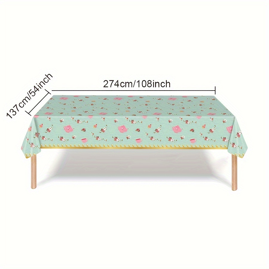 

1pc, Tea Party Themed Tablecloth, 54x108inch/137x274cm, Plastic Rectangular Table Cover, Decorative Design For Party & Home Use