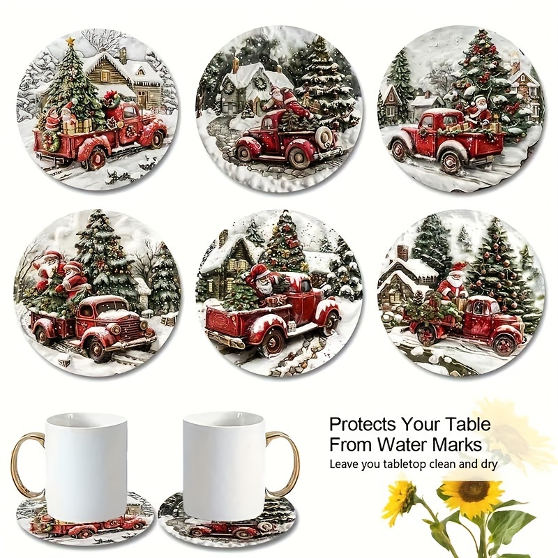 

A Set Of 6 Wooden Coaster Decorations Of Santa Claus In A Red Pickup Truck And Christmas Tree, Size 3.74*3.74 Inches, Room Decor