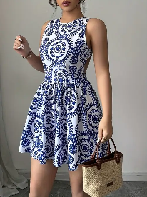 blue boat floral dress print beach Wholesale Banana Boat Women Sleeveless Floral Printed Short Dress for your store