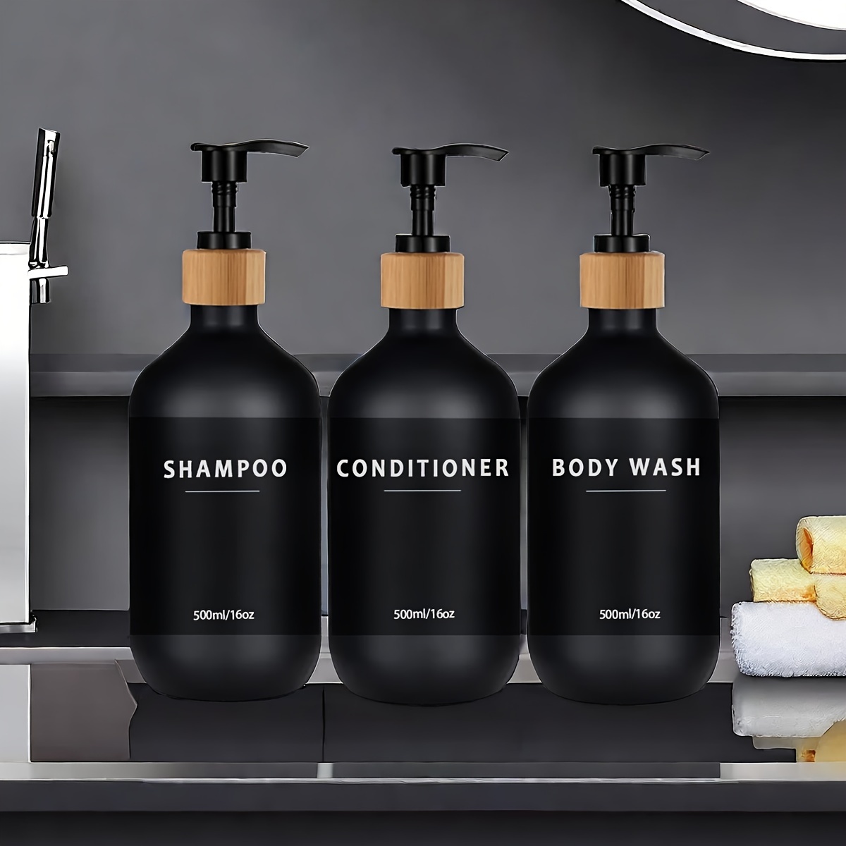 

500ml/16oz Refillable Pump Dispenser Set: Shampoo, Conditioner, Body Wash - No Fragrance, Plastic