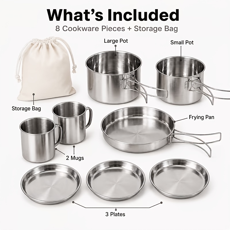 8pcs Camping Cookware Set, Portable Aluminum Alloy Cookware, Including Pot, Frying Pan, And Plate, Suitable For Camping, Hiking, And Outdoor Cooking