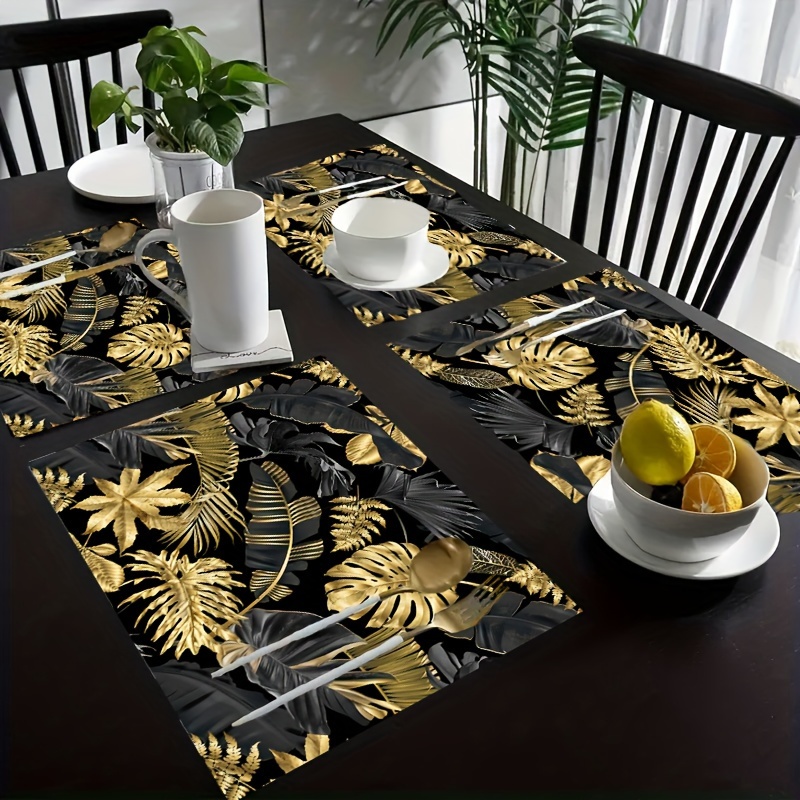 

4/6pcs, Table Pads, Nordic Golden Leaf Linen Placemats, Geometric Pattern Heat-resistant Table Mats, Dining Table Pads Set For Home Kitchen, Outdoor Gathering & Picnic Decor