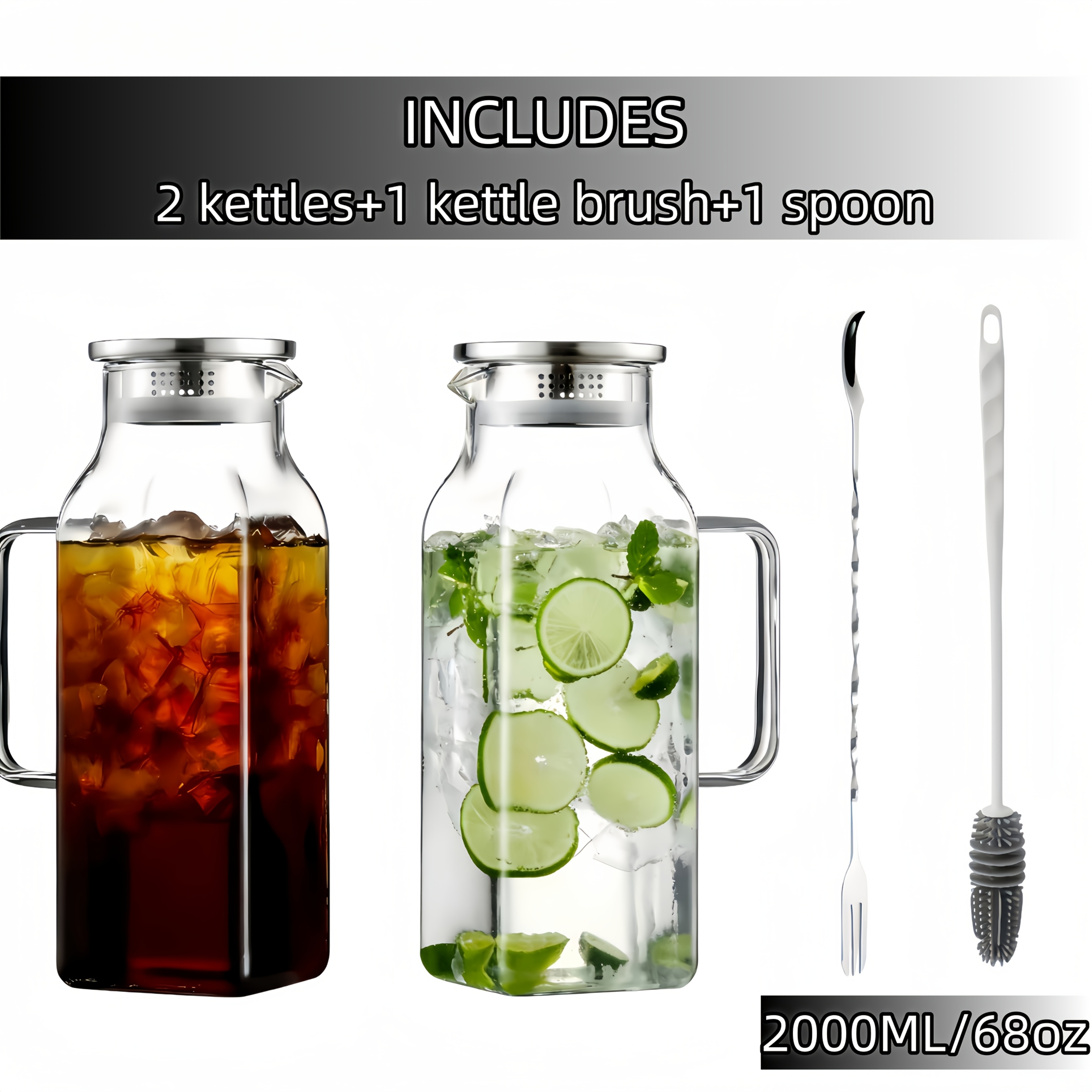 TEMU Joyell 2pcs Square Glass Teapot With Brush And Spoon, Suitable For Refrigerators, Iced Tea And Coffee Makers, Summer Drinks, Beverage Utensils,
