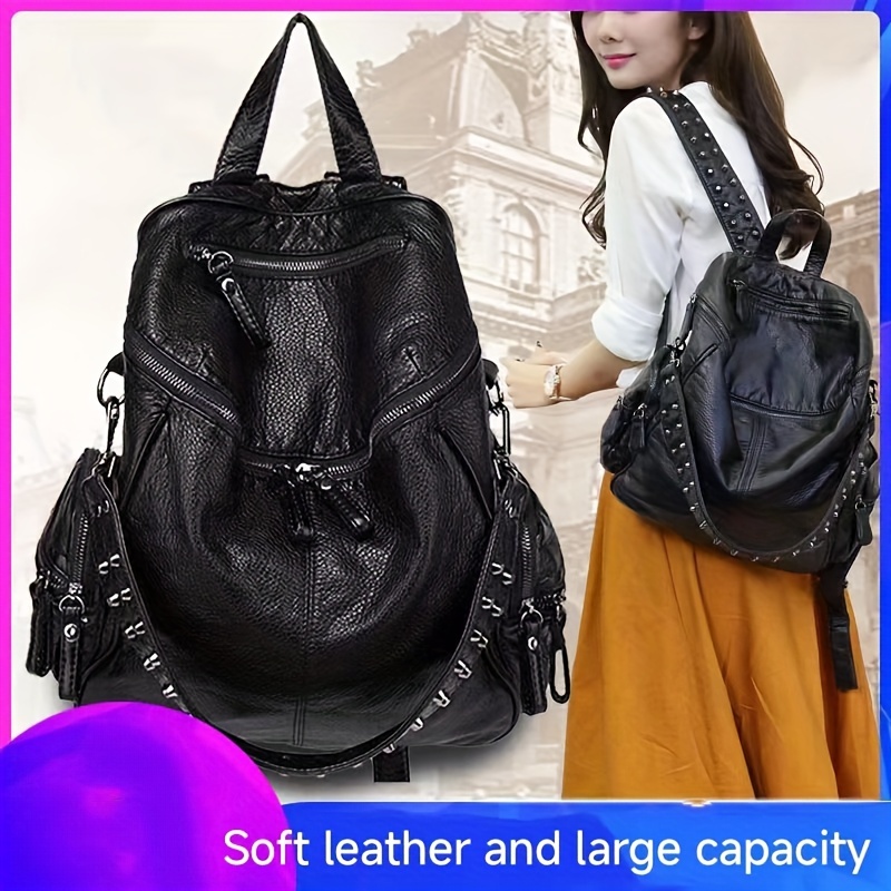 

Elegant Women's Large Capacity Backpack - Soft Leather With Rivet Accents, Adjustable Straps,, Crocodile Pattern, Black