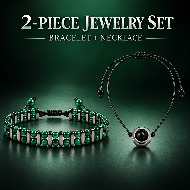 2pc Natural Obsidian Jewelry Set, Adjustable Necklace & Bead Bracelet