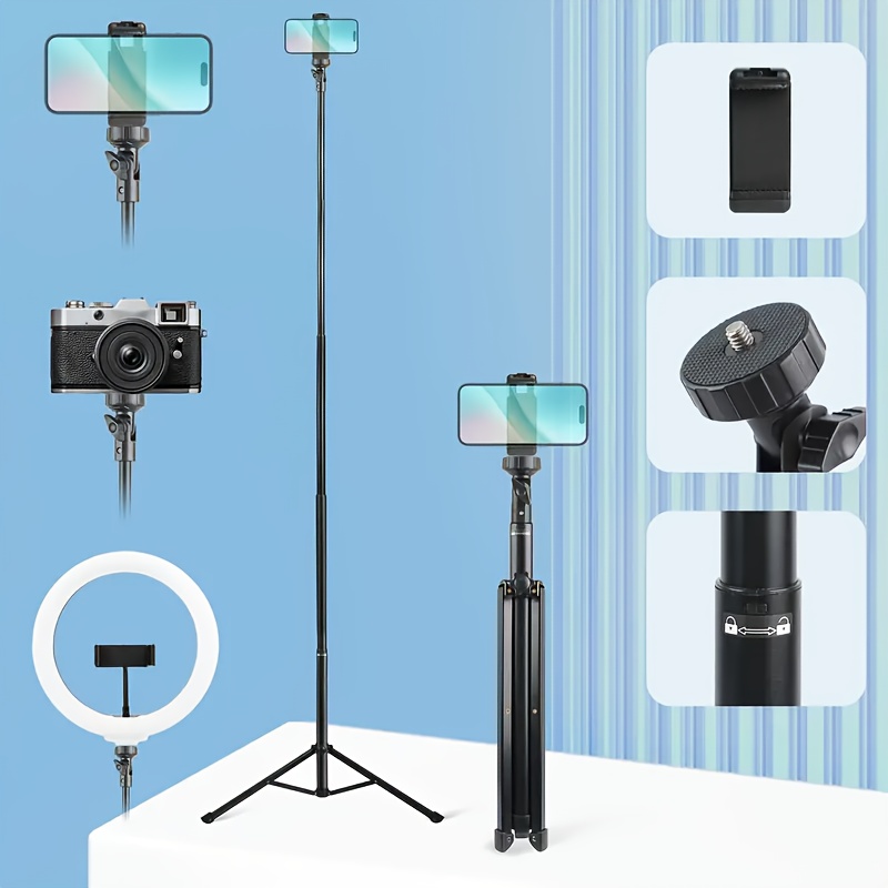 TEMU 145cm Portable Mobile Phone Tripod With Phone Clip, Aluminum Tripod, Adjustable Height, Suitable For Selfies, Video Recording, Live Streaming,