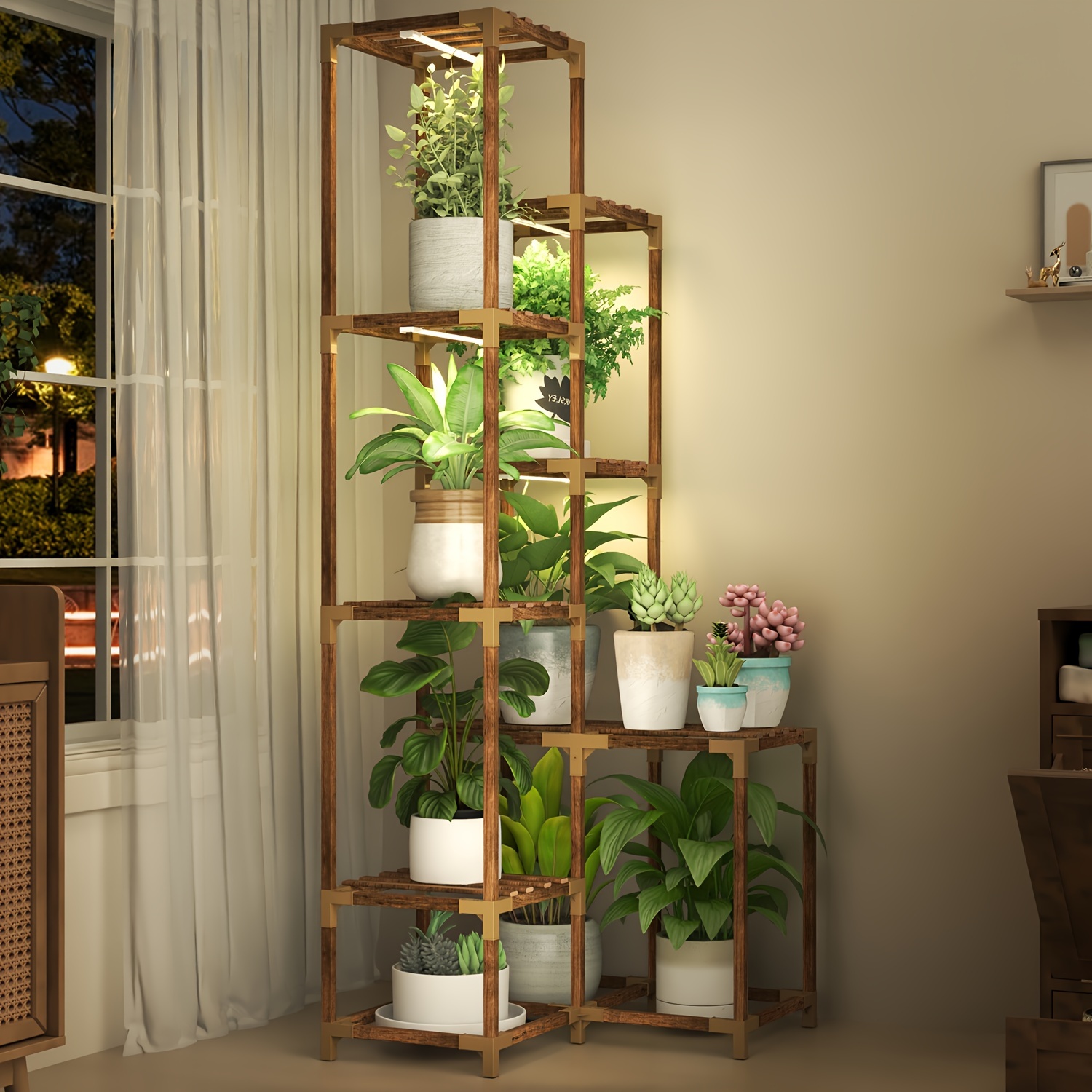 

Tall Plant Stand With Grow Lights, 10 Tier Plant Shelf Indoor Outdoor For Multiple Plants, Wood Plant Ladder Rack Holder Display Flower Stand For Patio Porch Garden Living Room Balcony Garden