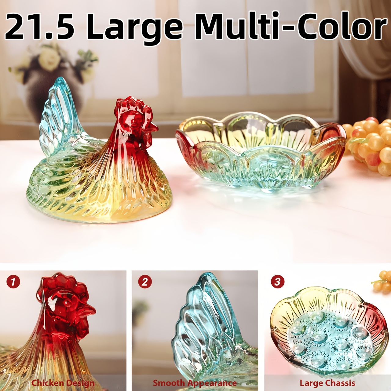 TEMU Large Vintage Crystal Glass Storage Jar With Lid & Mat - Hen-themed Suitable For Tabletop Decor, Reusable Glass Container For Snacks, Fruits,
