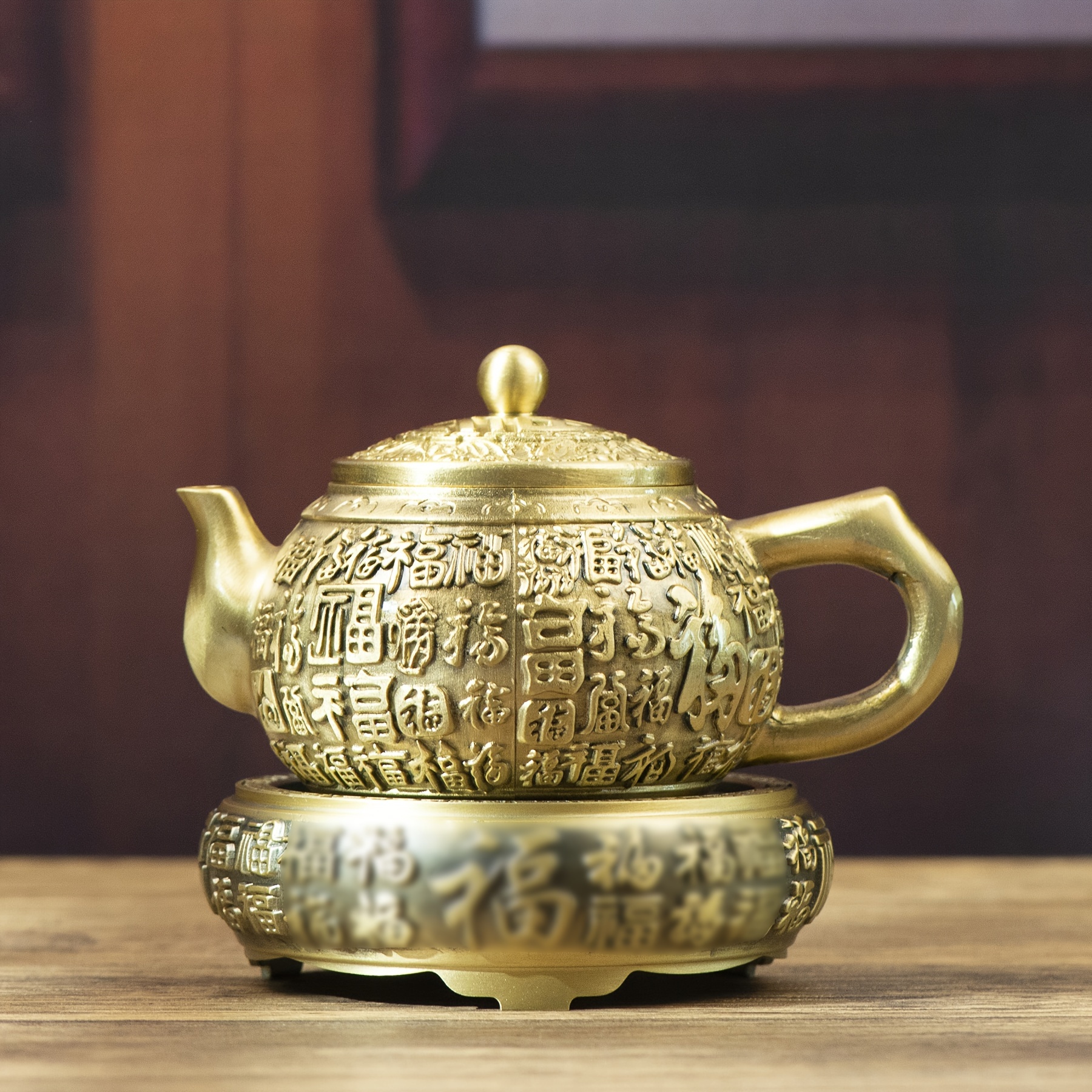 Luxury Brass Teapot with Vintage Embossed Fu Character Elegant Chinese Style Antique Copper for Home Office Decor Set