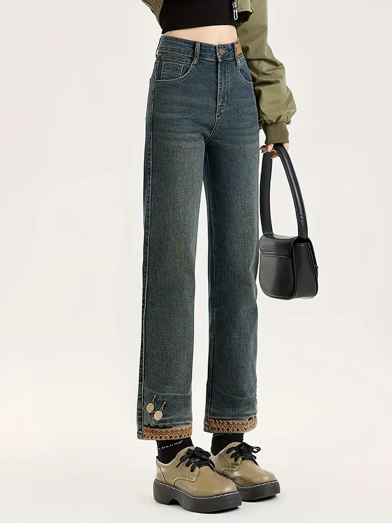 cigarette embroidered jeans MEK Denim Women's 28x34 Stockholm Slim Distressed Midrise Bootcut Easy Fit Medium Blue Wash Western Embroidery Design Side/Hem Embroidery Rhinestones Detail Zara Embroidered Cigarette Jeans Red