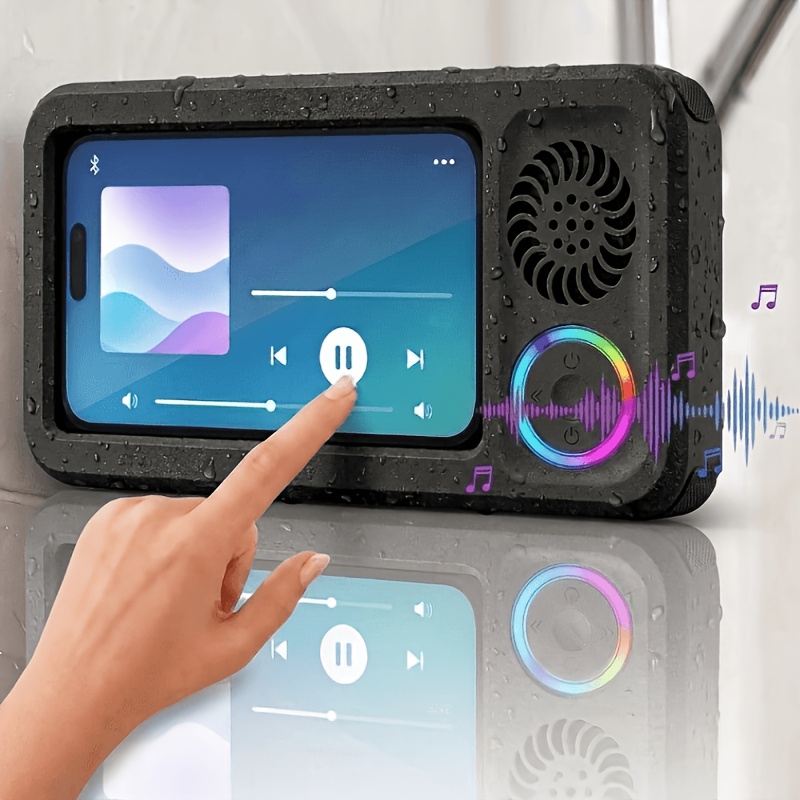 TEMU Support Téléphone de Douche , Support Mural pour Téléphone de Salle de Bain, Double Haut-Parleurs Intégrés, au , Résistante à , Compatible avec