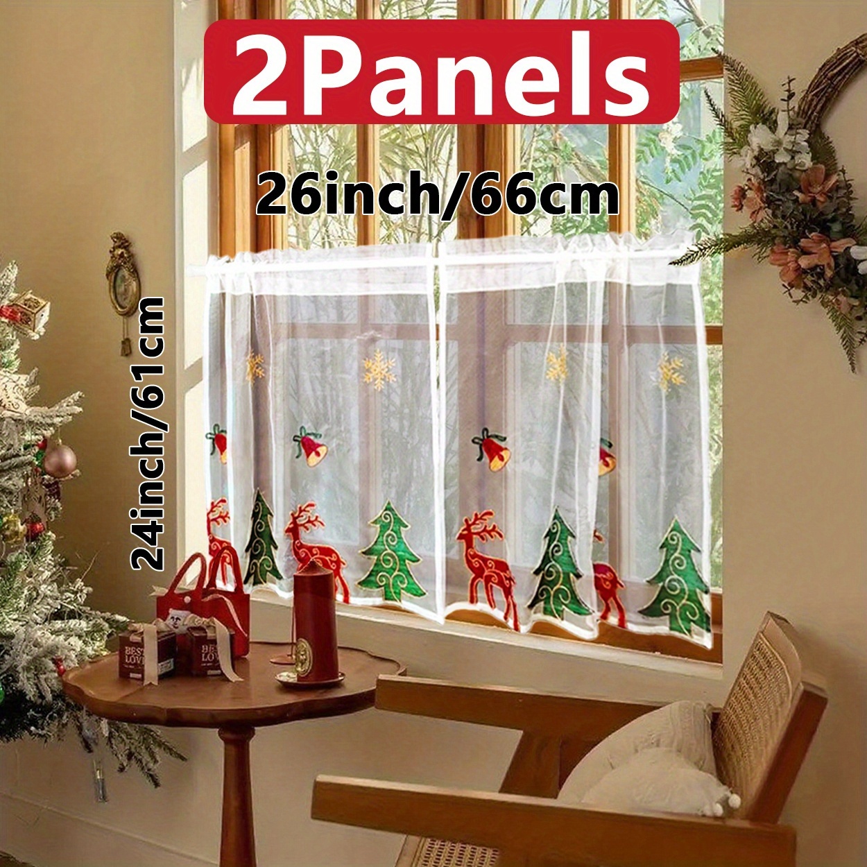 TEMU Set di tende corte natalizie da 1 pz/2 pz/3 pz, , Renna, Motivo Albero di Natale - Fibra di poliestere, , Adatte per decorazioni ad festiva in