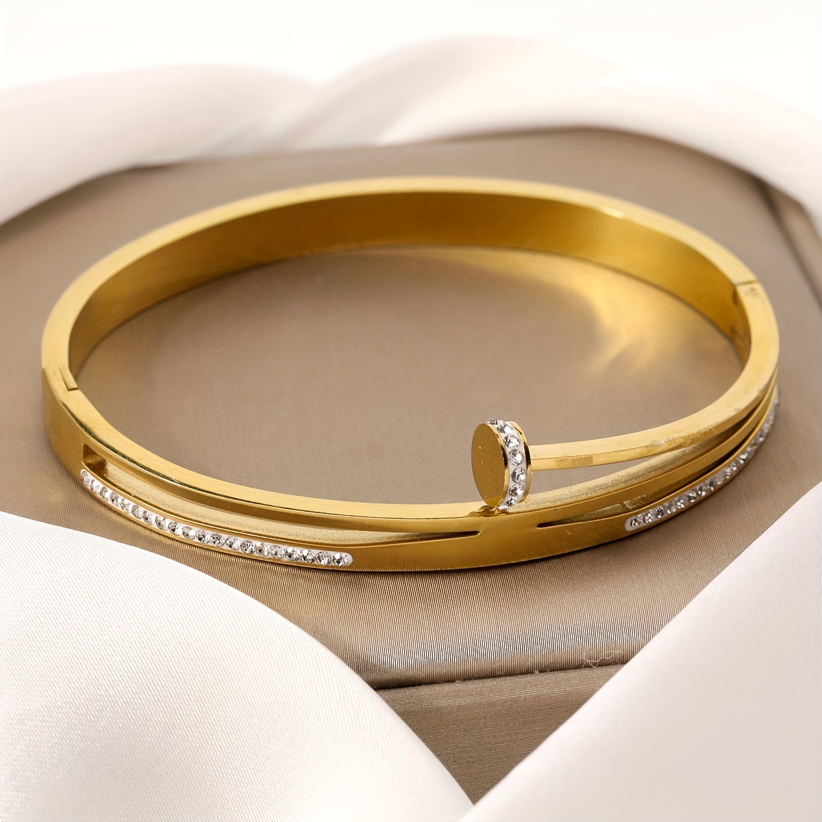 

Elegant Stainless Steel Bangle Bracelet With Cubic Zirconia, Casual Attire &