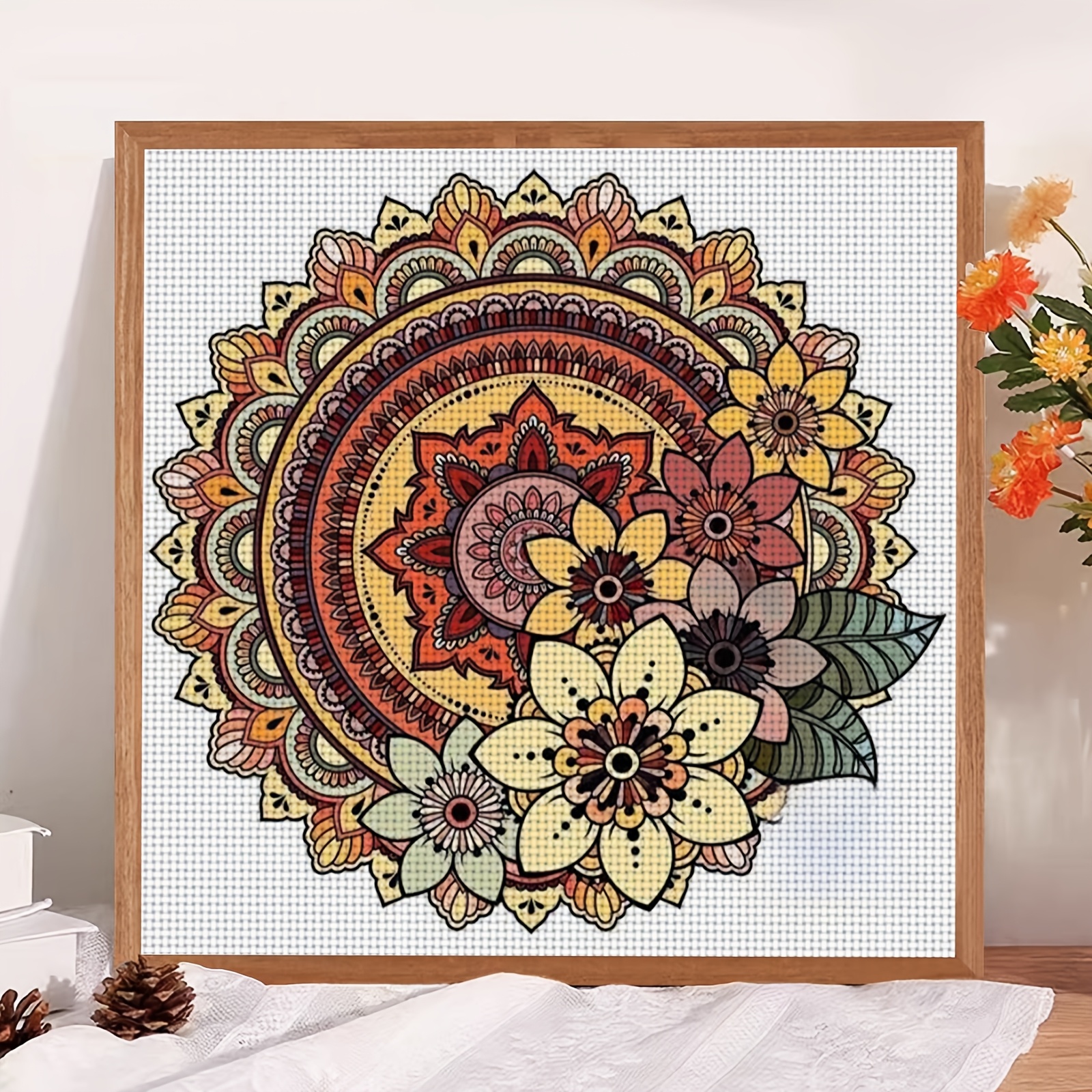 DIY Cross Stitch Print Kit, Frameless, Round Floral Decorative Pattern