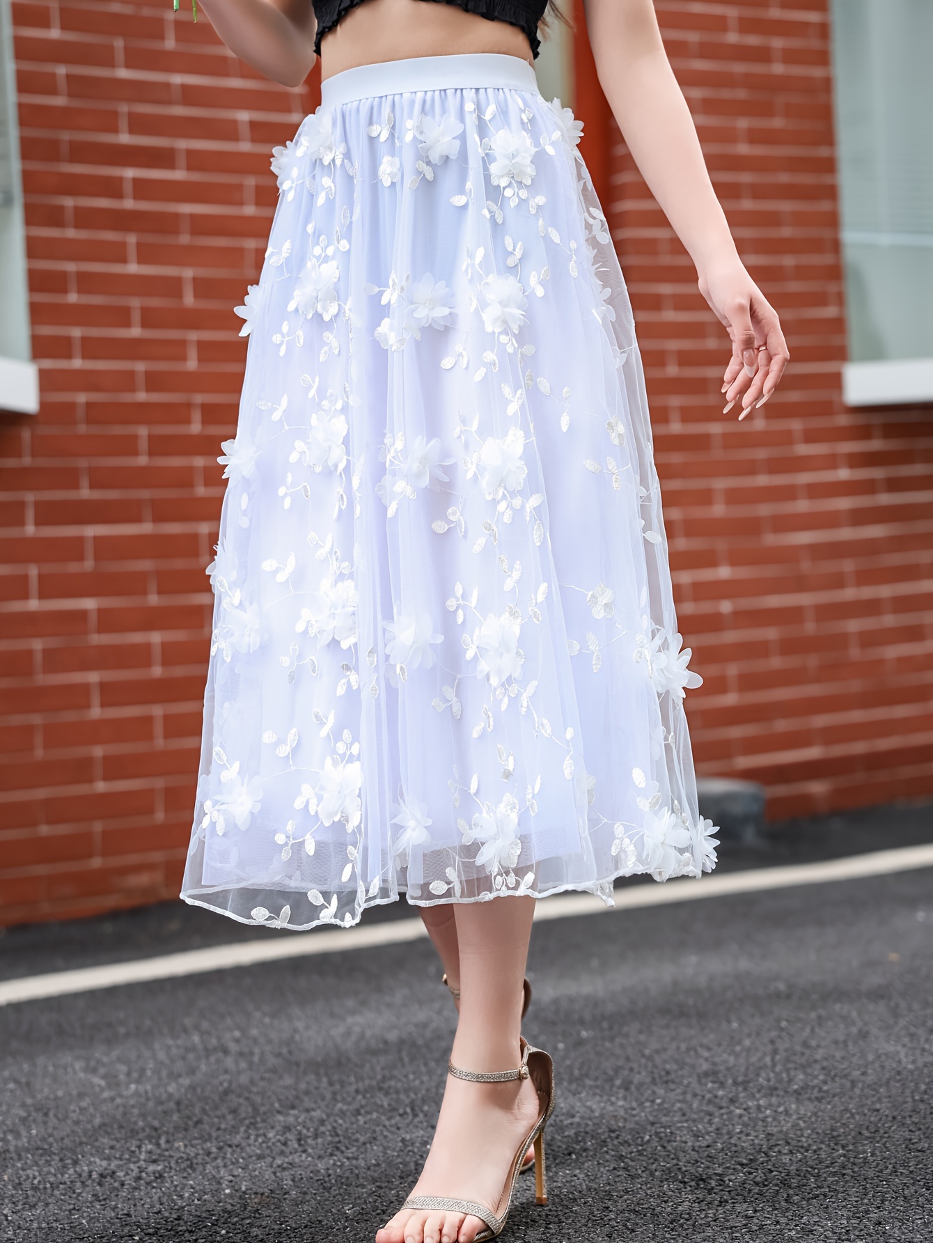 Women's Floral Embroidery Mesh Skirt Elegant A-Line Midi Skirt with Black  Floral Applique, Breathable Sheer Fabric for Spring Summer