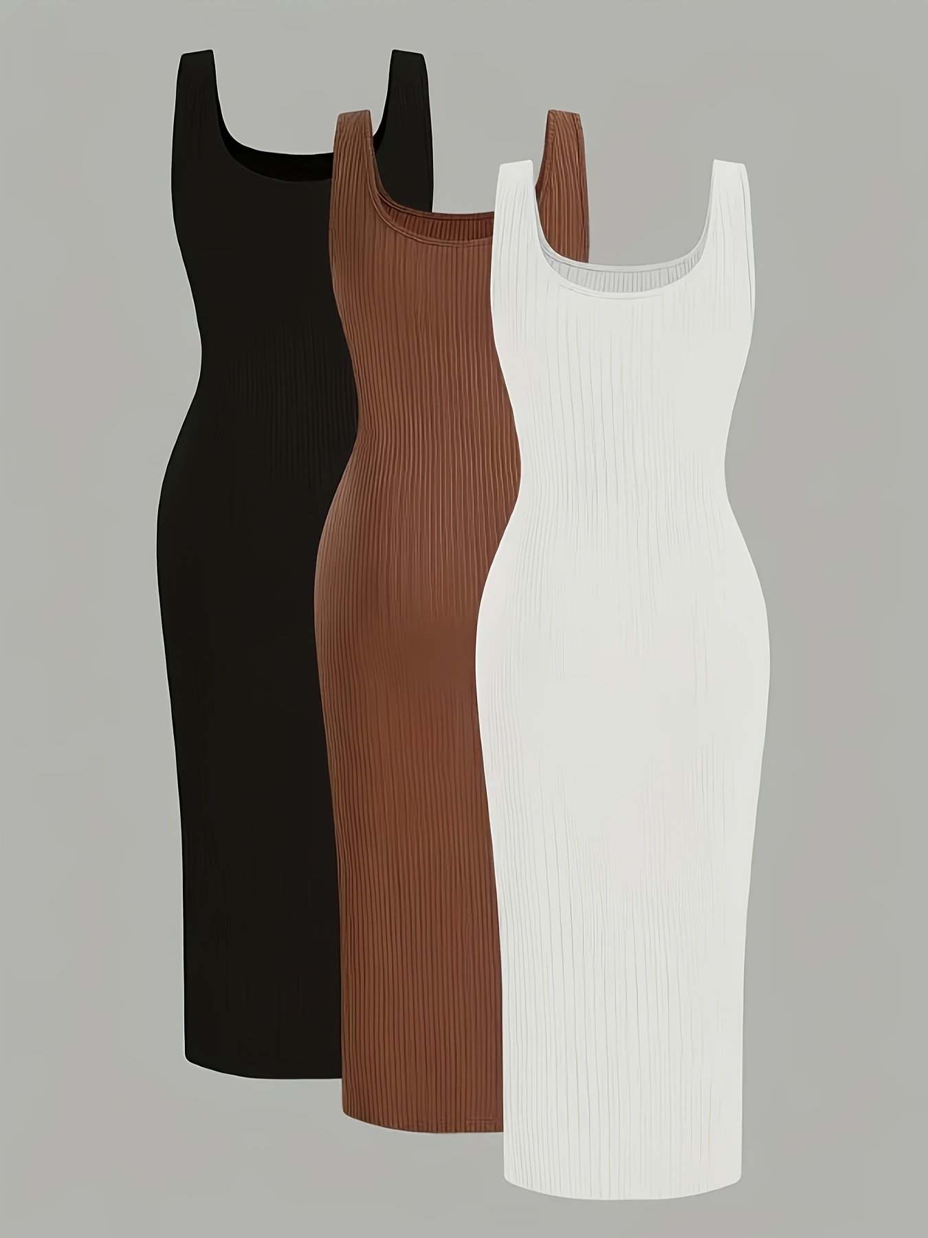3pcs Women'S Ribbed Bodycon Dresses - Square Neck, Long Sleeve, Solid Color (Black, Brown, White) - Elegant & Versatile for Spring/Summer/Fall, Versatile Fashion | Ribbed Texture | Construction, Tight Fitted Dress