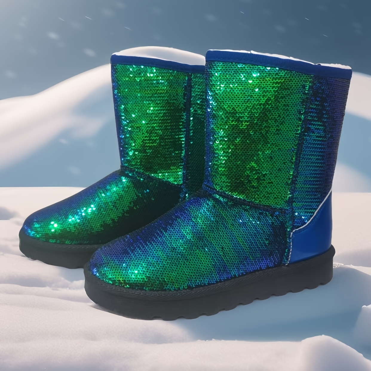 Women's *-Calf Snow Boots, Blue to Green Gradient Sequin Fashion Warm  Boots, Slip-On Round Toe with Non-Slip PVC Sole and EVA Insole, Corduroy  Lined